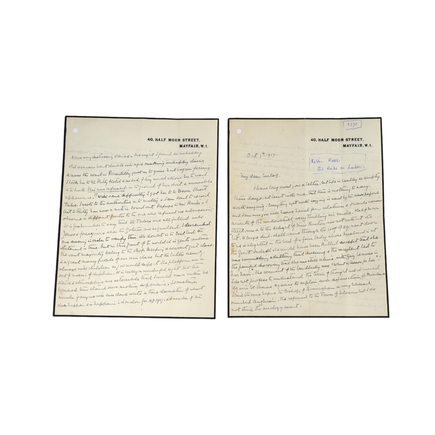 Robbie Ross (1869-1918), ALS to ‘Carlos’, 7 October 1917, 4 pp. Robbie Ross is best known for his relationship with and championing of Oscar Wilde